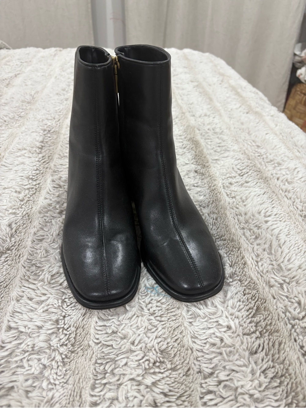 Coach Gigi Black Leather Block Heel Ankle Boots with Gold Accents - Picture 4 of 4